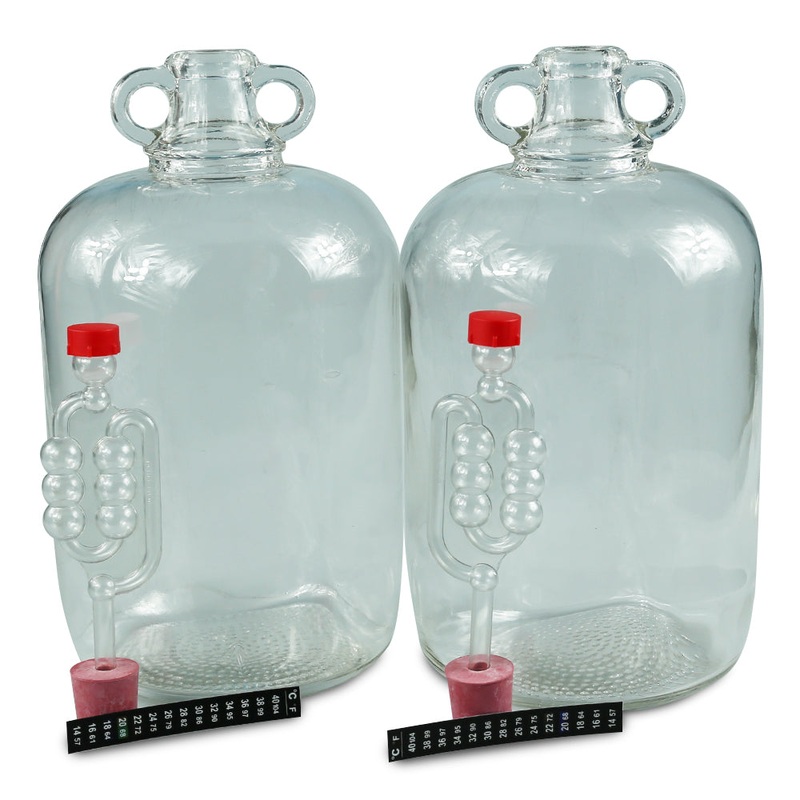2 x 5ltr Glass Demijohns With Bungs, Airlocks & LCD Thermometers