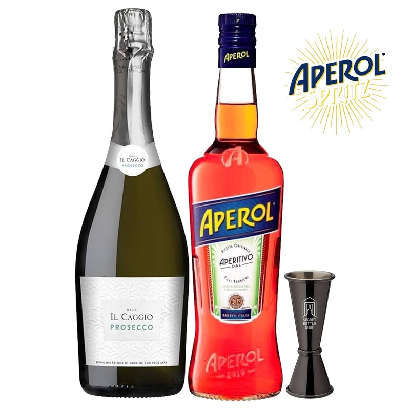 Aperol Spritz Cocktail Set – 1 x 70cl bottle of Aperol, 1 x 75cl bottle of Prosecco, 1 x Secret Bottle Jigger