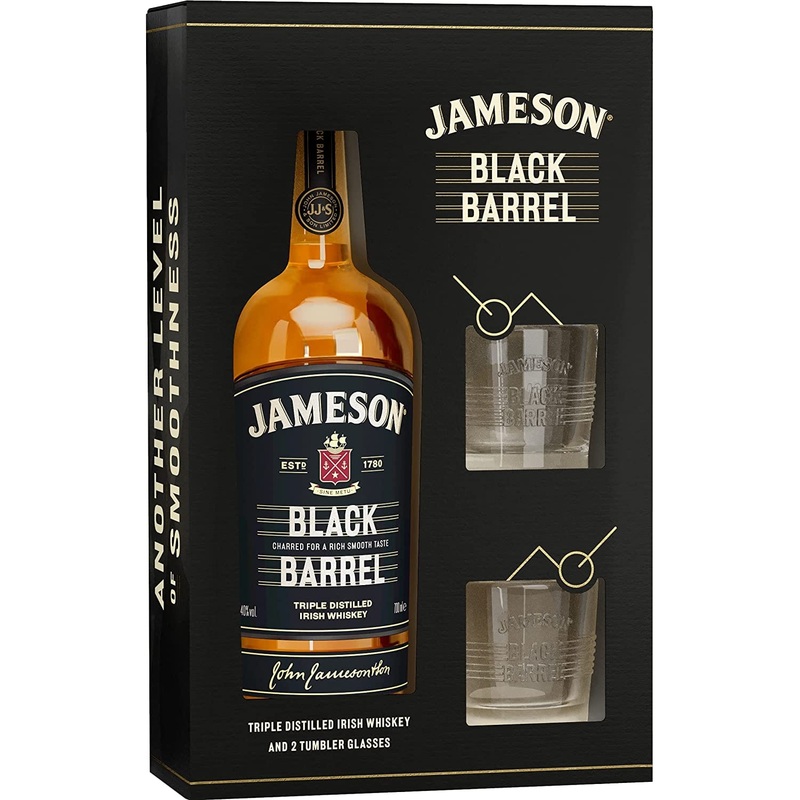 Jameson Black Barrel Irish Whiskey & Tumbler Glasses Gift Set 70cl