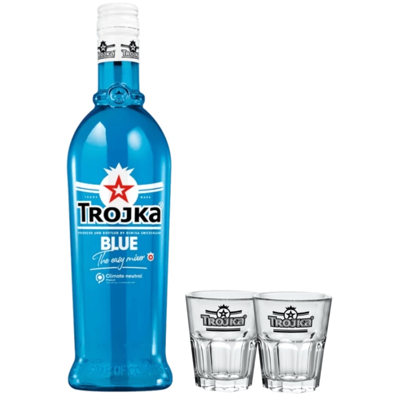 Trojka Blue Vodka Liqueur & 2x Shot Glasses 70cl