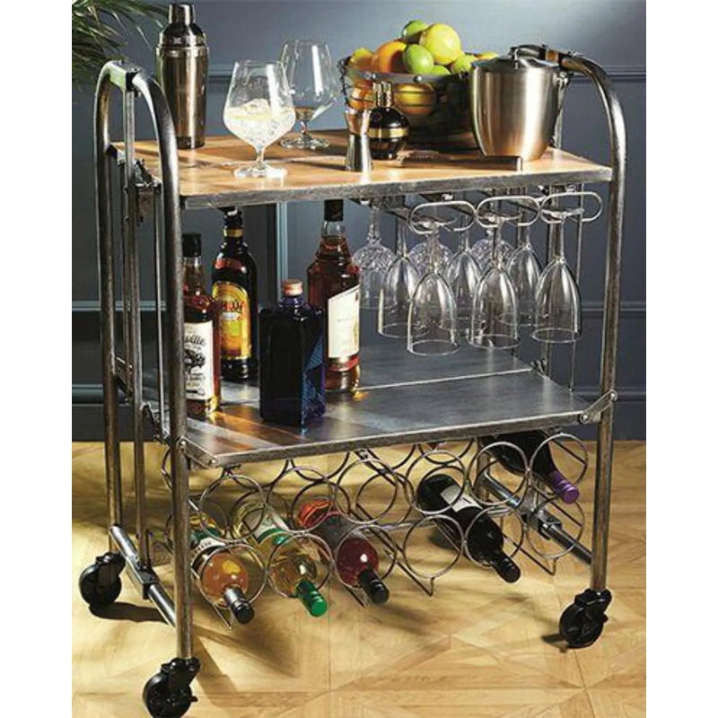 BarCraft Folding Industrial Look Carbon Steel Home Bar Drinks Trolley
