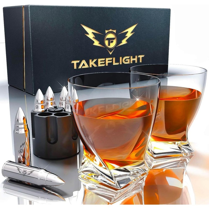 Whiskey Glasses and Whiskey Stone Set – Premium Scotch/Bourbon Whiskey Glass Set of 2 in Gift Box | Stainless Steel Whisky Stones Shaped Like Rockets